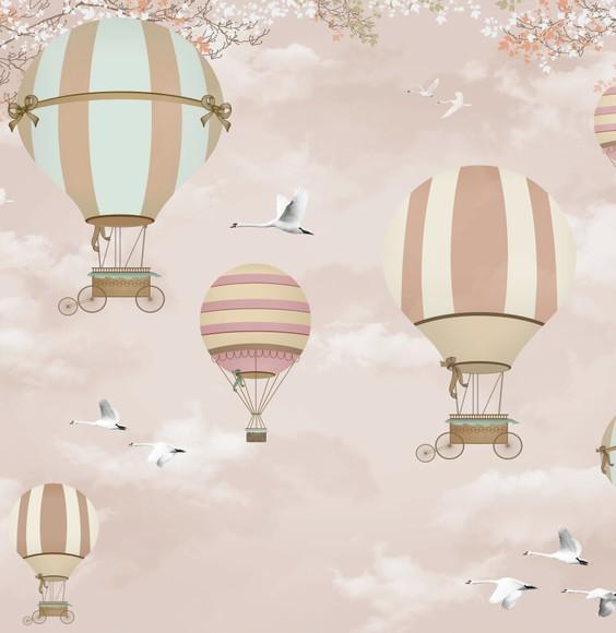 Papel de Parede Infantil Rosa Balão Nuvens m²
