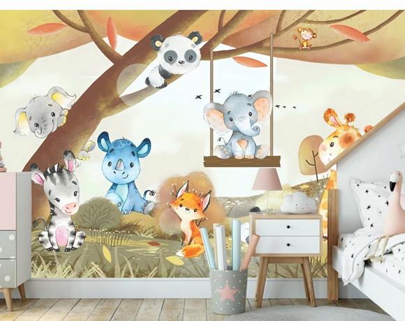 Papel de Parede Adesivo Safari Zoo Baby Colors Aquarela M²