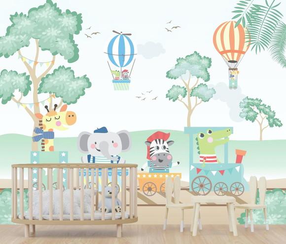 Papel de Parede Adesivo Infantil Safari Zoo Baby Balões M²