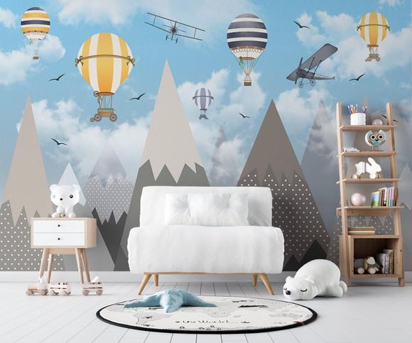 Papel de Parede Adesivo Infantil Montanhas Balão Azul m²
