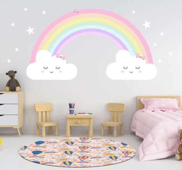Adesivo Parede Arco Íris Nuvem 150x90cm + kit 50corações 4cm
