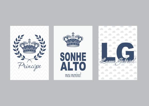 Kit 3 Placas Decorativas Principe Rei sonhe alto Azul