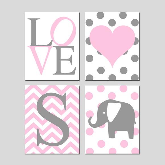 Kit 4 Placas Decorativas Elefantes Rosa MDF 02