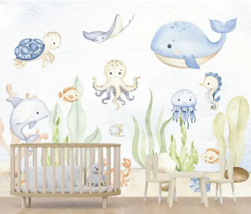 Papel de Parede Auto Adesivo Fundo do Mar Aquarela Baby M²