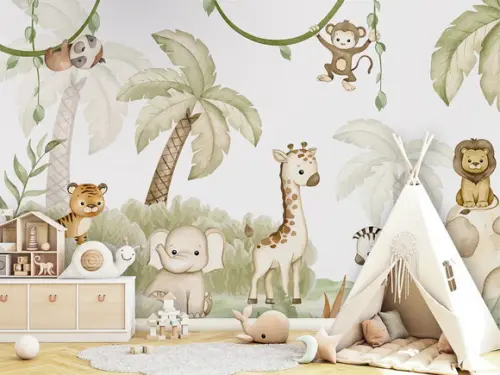 Papel de Parede Adesivo Safari Aquarela Zoo Baby M²