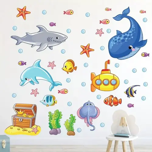 Adesivo de Parede Infantil Fundo do Mar Peixes Bolhas Quarto