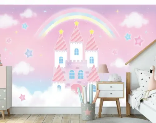 Papel de Parede Adesivo Arco Iris Castelo Princesa M²
