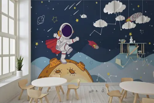 Papel de Parede Adesivo Astronauta Planetas Infantil Azul M²