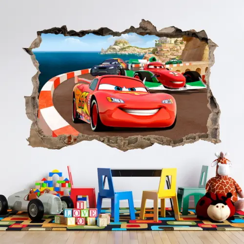 Adesivo Parede Infantil Carros Buraco 3d 100x60cm