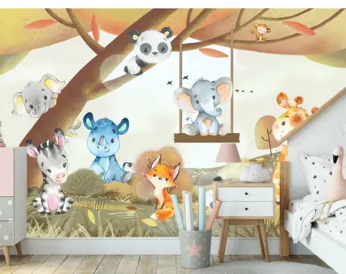 Papel de Parede Adesivo Safari Zoo Baby Colors Aquarela M²