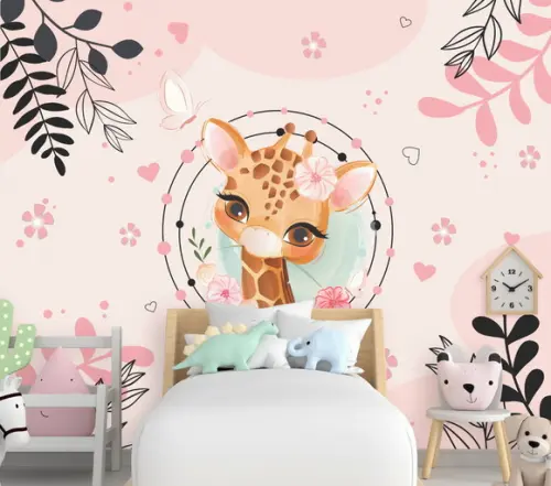 Papel De Parede Adesivo Infantil Floral Girafinha Baby