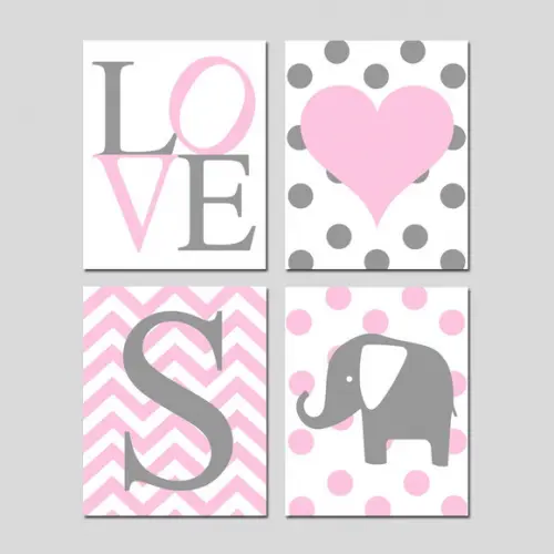 Kit 4 Placas Decorativas Elefantes Rosa MDF 02