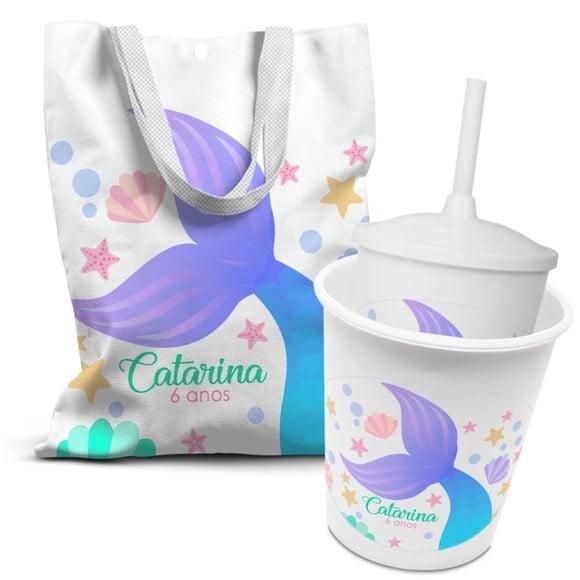 Kit Sacolinha +copo +balde Pipoca Sereia