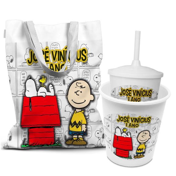 Kit Sacola +copo +balde Festa Snoopy e Charlie Brown