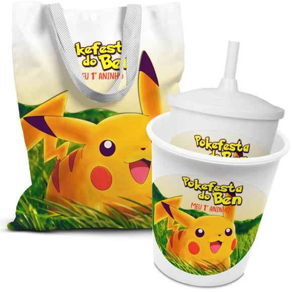 Kit Sacolinha +copo +balde Pipoca Pokemon Pikachu