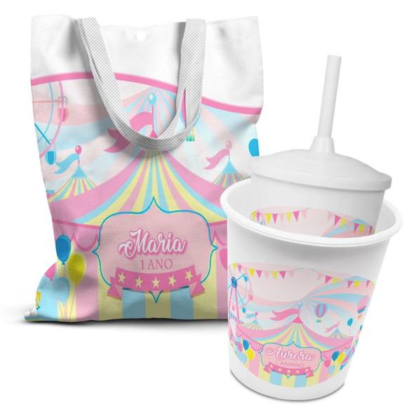 Kit Sacolinha +copo +balde Pipoca Circo Rosa