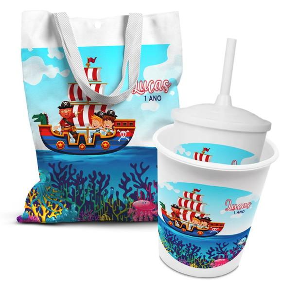 Kit Sacolinha +copo +balde Pipoca Piratas no Navio