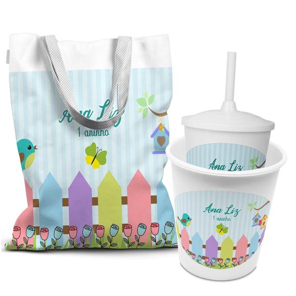 Kit Sacola +copo +balde Festa Jardim Encantado Menino