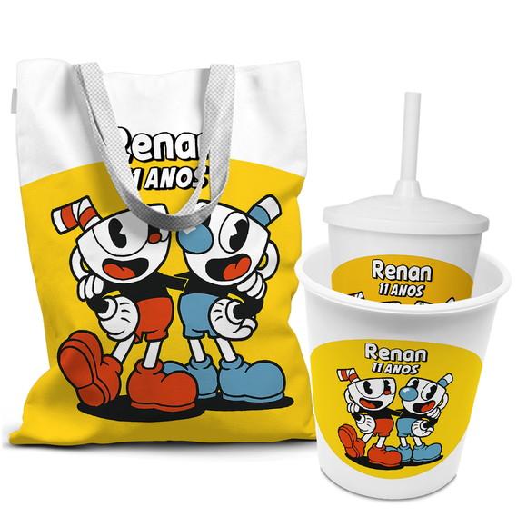 Kit Sacola +copo +balde Festa Cupheads