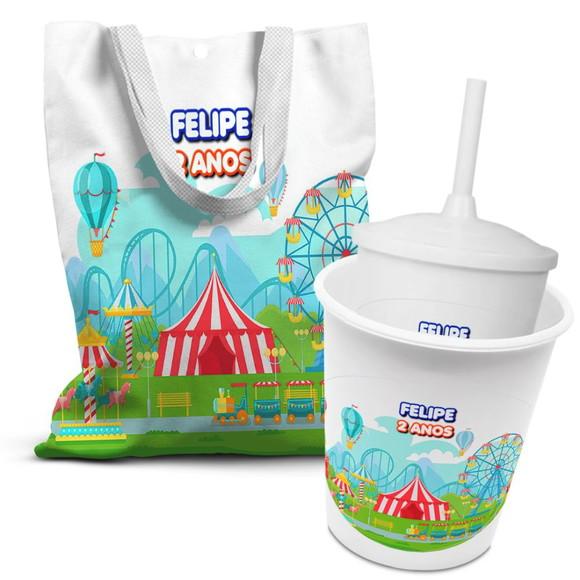 Kit Sacolinha +copo +balde Pipoca Parque Diversões e Circo