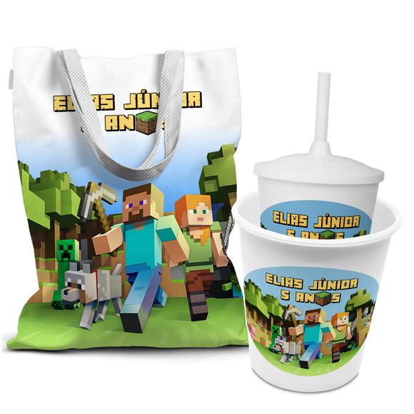 Kit Sacola +copo +balde Festa Minecraft