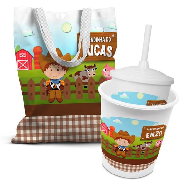 Kit Sacolinha +copo +balde Pipoca Fazendinha