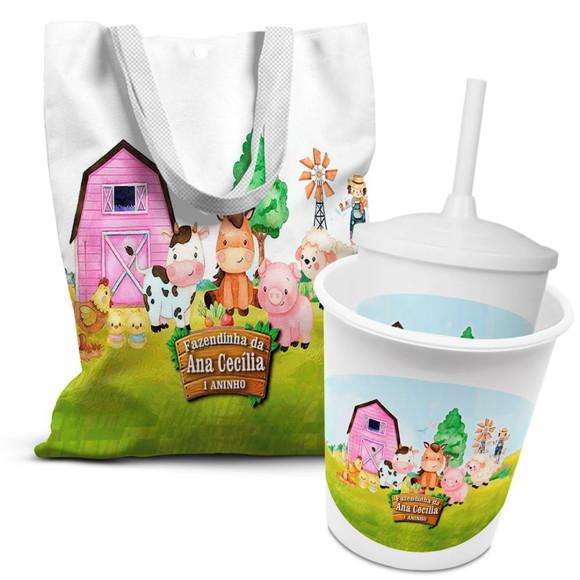 Kit Sacolinha +copo +balde Pipoca Fazendinha Rosa