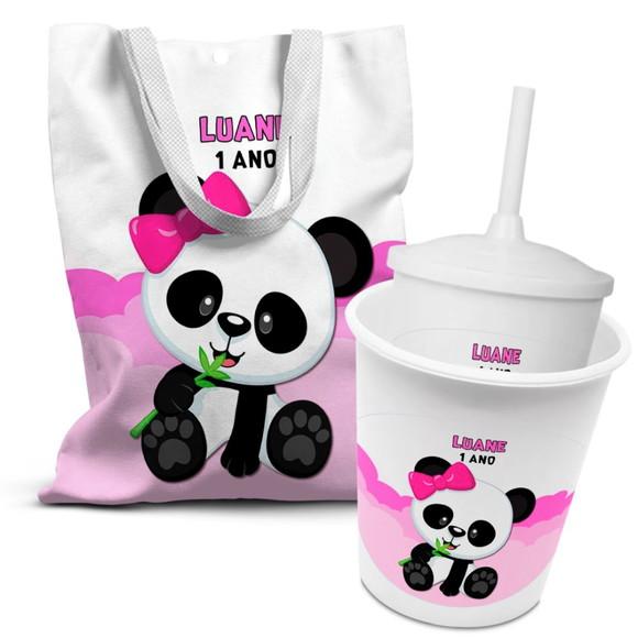 Kit Sacolinha +copo +balde Pipoca Panda Rosa