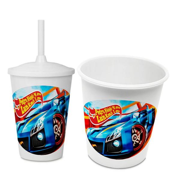 Kit com Copo com Tampa e Canudo +balde Pipoca Hot Wheels