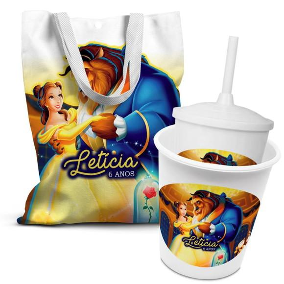 Kit Sacolinha +copo +balde Pipoca a Bela e a Fera