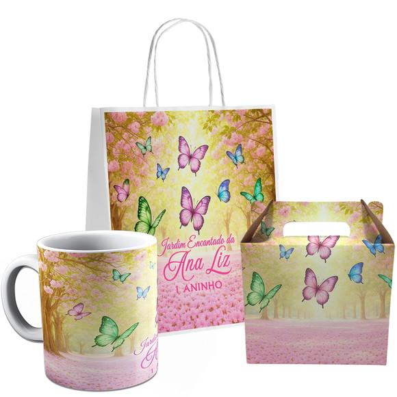 Kit Festa Caneca Caixinha e Sacolinha Jardim das Borboletas