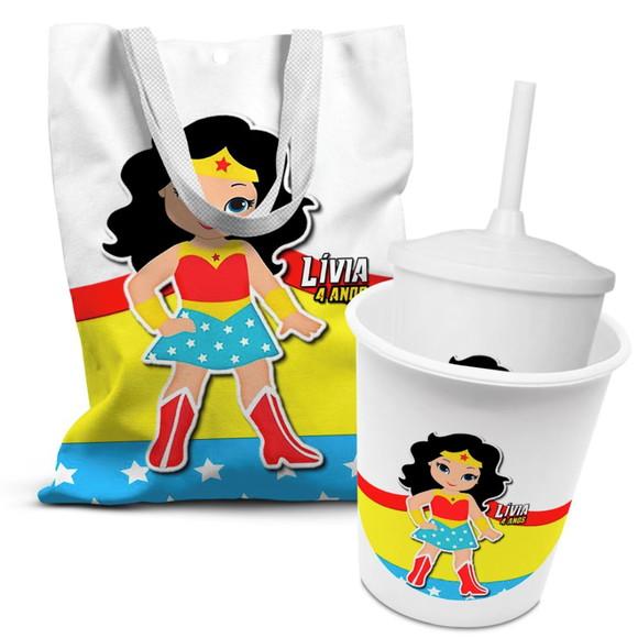 Kit Sacolinha +copo +balde Pipoca Mulher Maravilha 2