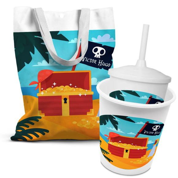 Kit Sacolinha +copo +balde Pipoca Piratas Baú do Tesouro