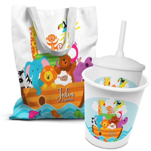 Kit Sacolinha +copo +balde Pipoca Arca de Noé