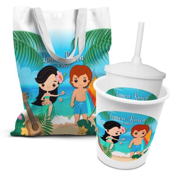Kit Sacolinha +copo +balde Pipoca Praia Havaí