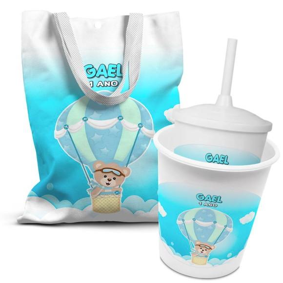 Kit Sacolinha +copo +balde Pipoca Ursinho Baloeiro