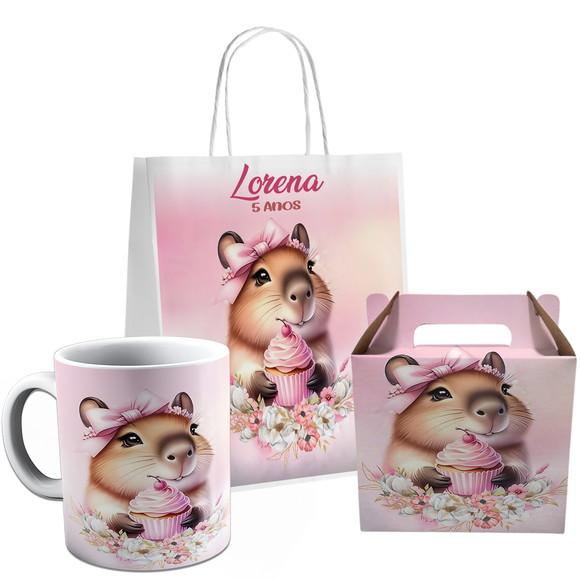 Kit Festa Caneca Caixinha e Sacolinha Capivara Rosa