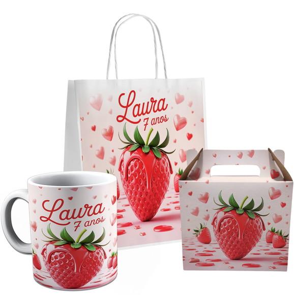Kit Festa Caneca Caixinha e Sacolinha Morango do Amor