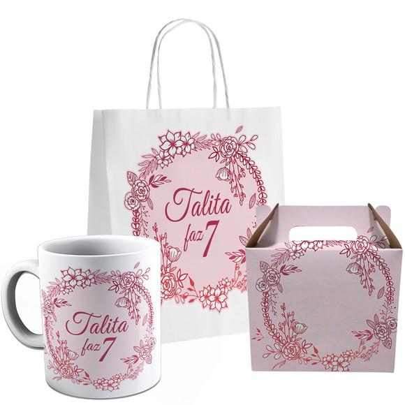 Kit Festa Caneca Caixinha e Sacolinha Vintage Floral
