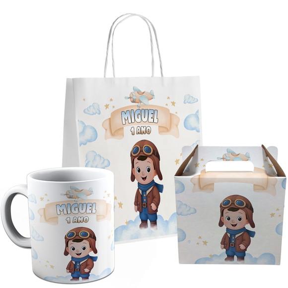 Kit Festa Caneca Caixinha e Sacolinha Menino Aviador
