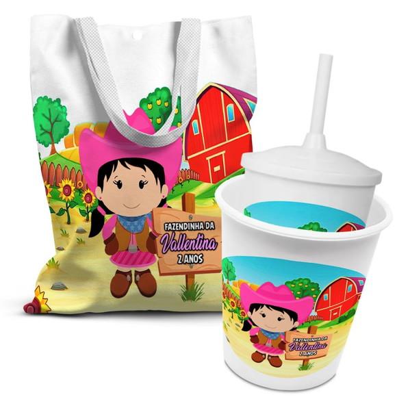 Kit Sacolinha +copo +balde Pipoca Fazendinha Rosa 2