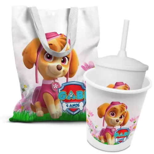 Kit Sacolinha +copo +balde Pipoca Patrulha Canina Skye