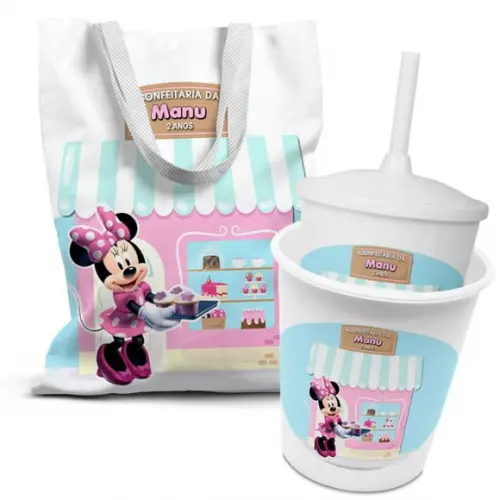 Kit Sacolinha +copo +balde Pipoca Minnie Confeiteira