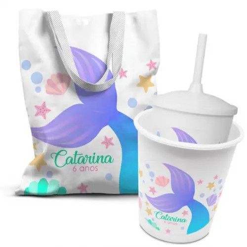 Kit Sacolinha +copo +balde Pipoca Sereia