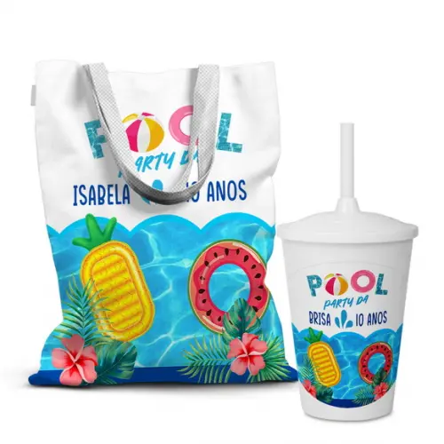 Kit Sacolinha +copo Personalizados Festa Pool Party