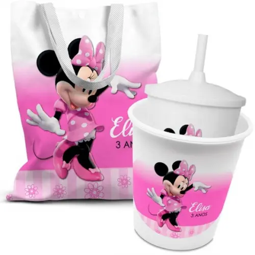 Kit Sacolinha +copo +balde Pipoca Minnie Rosa