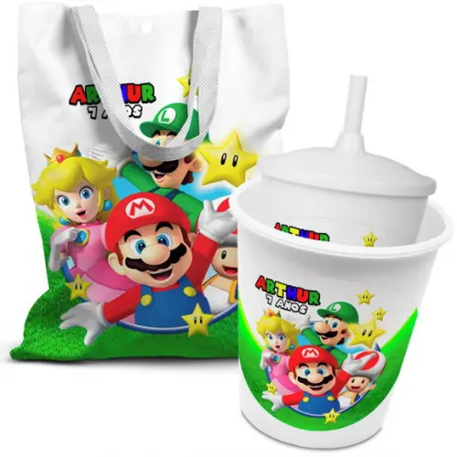 Kit Sacolinha +copo +balde Pipoca Super Mário