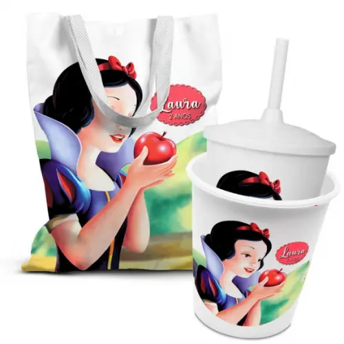 Kit Sacolinha +copo +balde Pipoca Branca de Neve