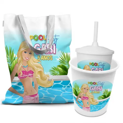 Kit Sacola +copo +balde Festa Barbie Pool Party