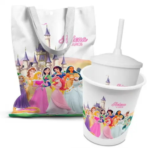 Kit Sacolinha +copo +balde Pipoca Princesas
